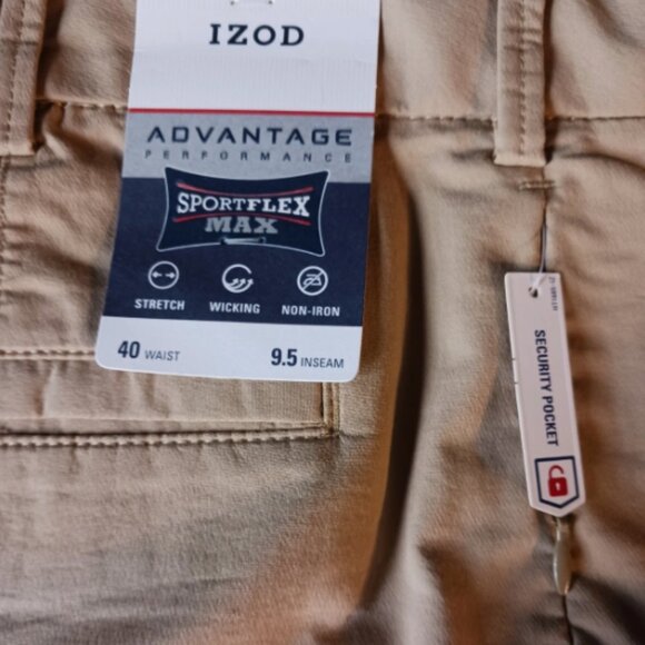 IZOD Sportflex Max Stretch Chino Shorts Mens Size 40 Flat Front Cedarwood Khaki - Picture 6 of 10